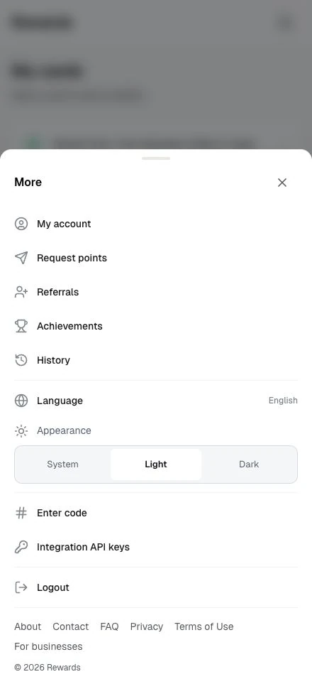 The More menu with account, points, referrals, achievements, history, and language controls.