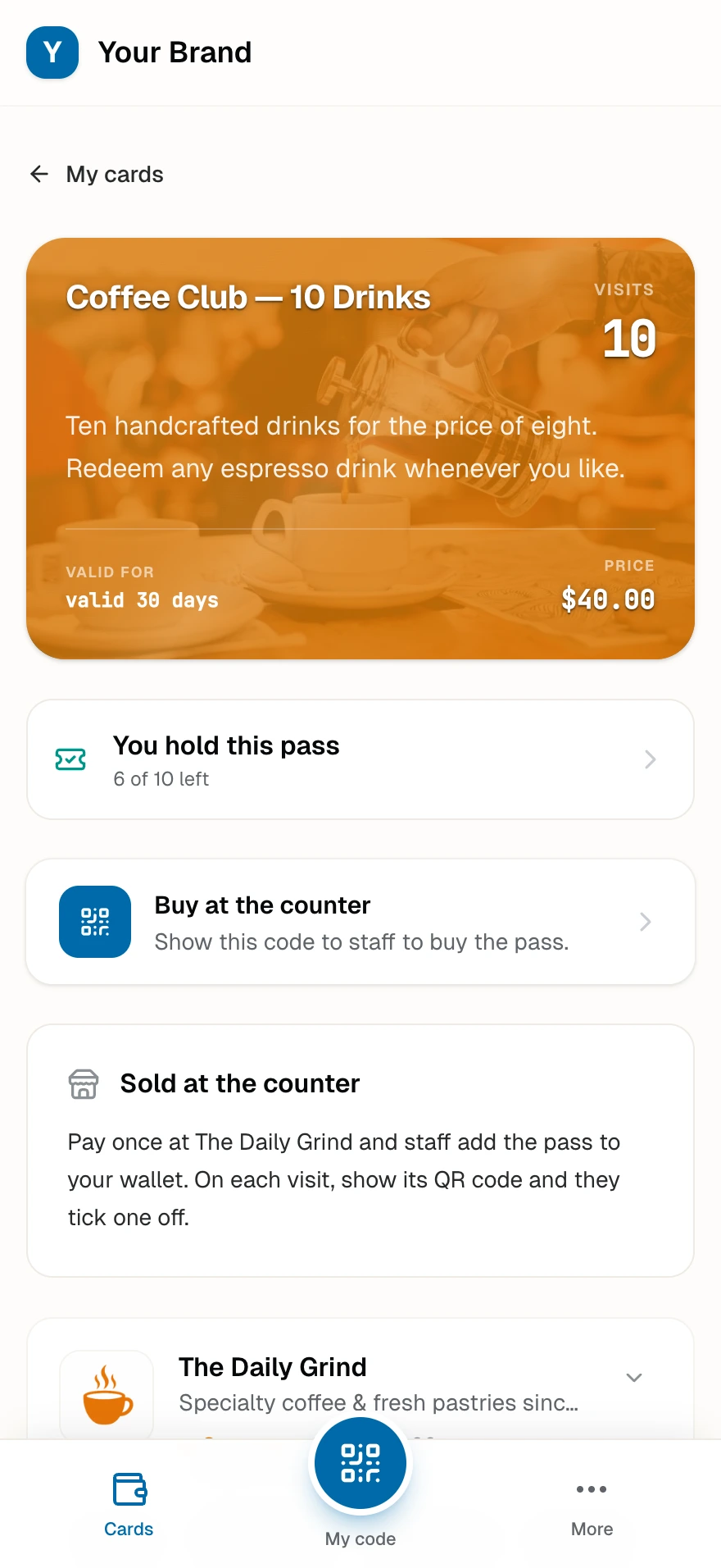 A pass product page with what the pass covers, its validity, its price, and the note that staff sell it at the counter.