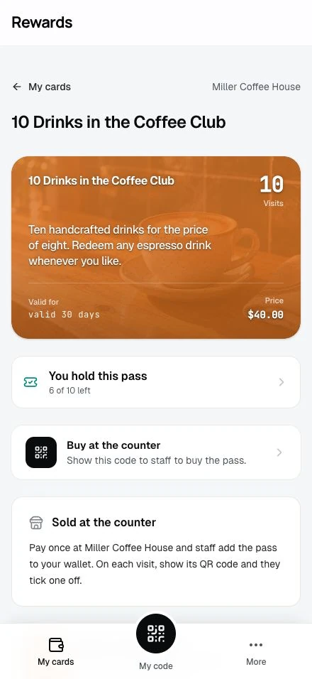 A pass product page with what the pass covers, its validity, its price, and the note that staff sell it at the counter.