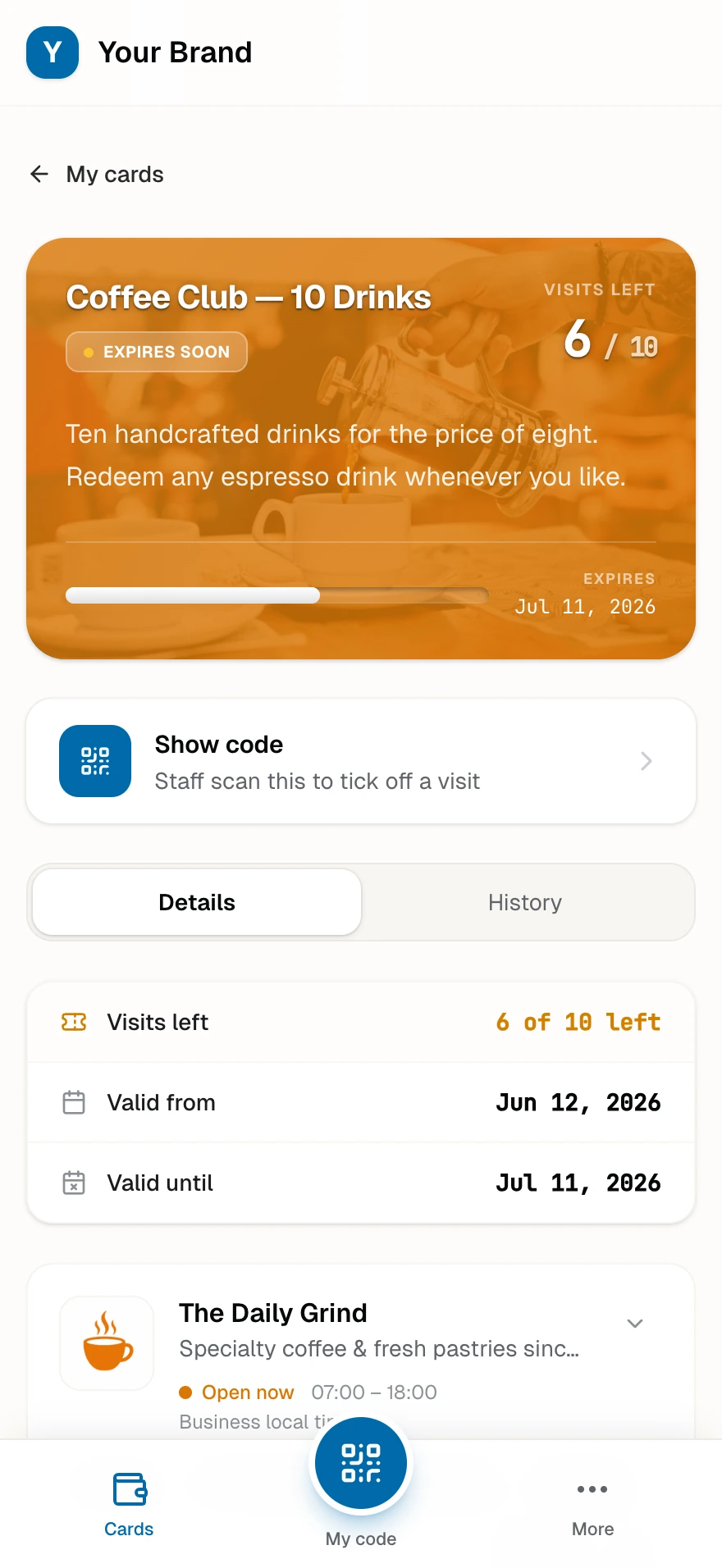 A prepaid pass mid-life with six of ten visits left, its progress bar, expiry date, and Show QR code button.