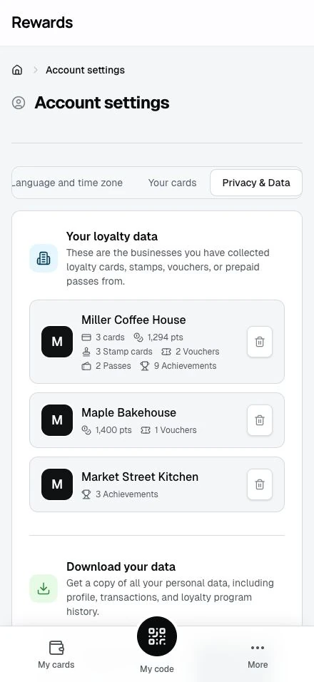 The Privacy & Data tab listing each business the member collected from, with per-business delete and the JSON data export.