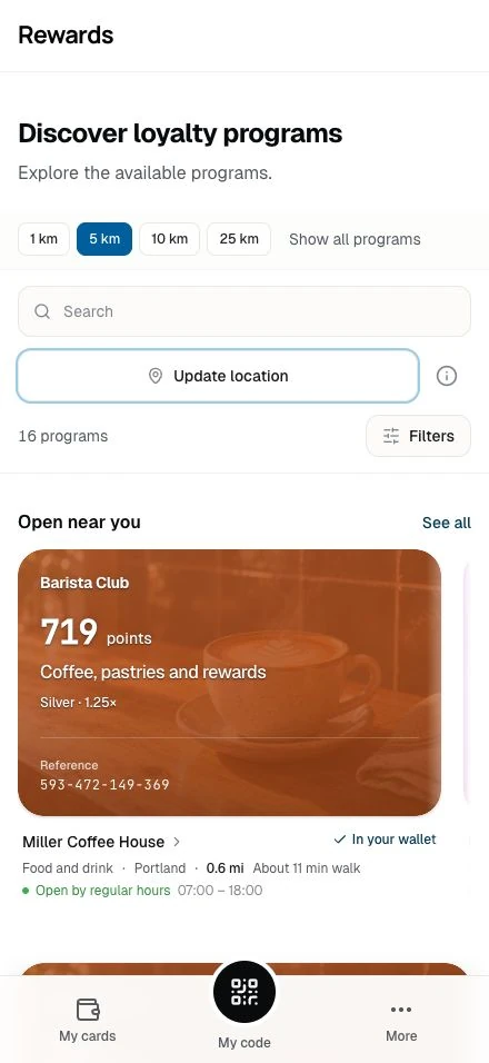 The Public listing on a phone with Near me active: radius chips (1, 5, 10, 25 km) and a "Show all programs" exit, an Update location button, the result count, an "Open near you" rail, and each program showing its straight-line distance and walking estimate — for example "0.6 mi · About 11 min walk" — beside its business, category, city, and open status.