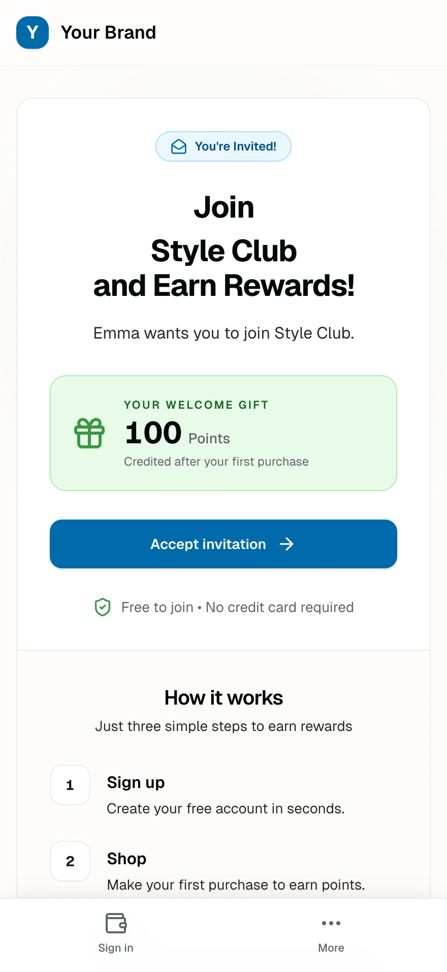 The referral landing page with the referrer's name, the welcome bonus, and the Accept invitation button.