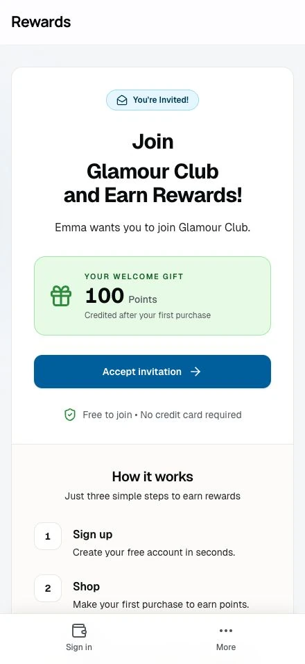 The referral landing page with the referrer's name, the welcome bonus, and the Accept invitation button.