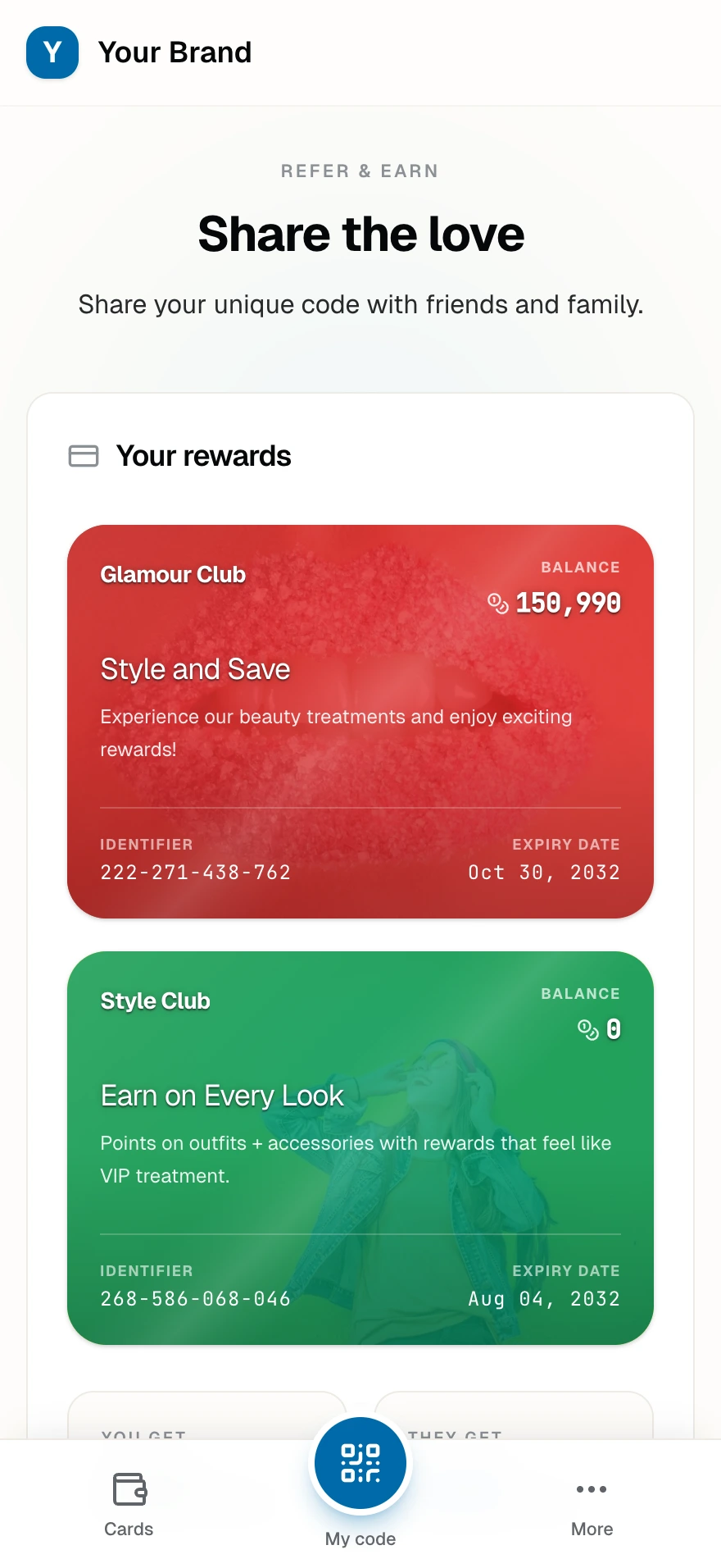 The Refer & earn page with the shareable link, reward split, stats counters, and recent referrals in pending and completed states.