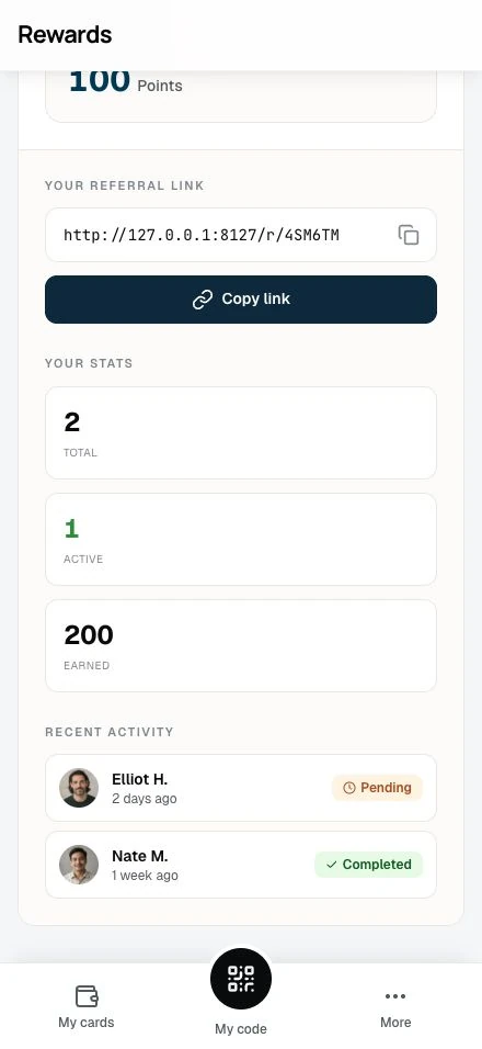 The Refer & earn page with the shareable link, reward split, stats counters, and recent referrals in pending and completed states.