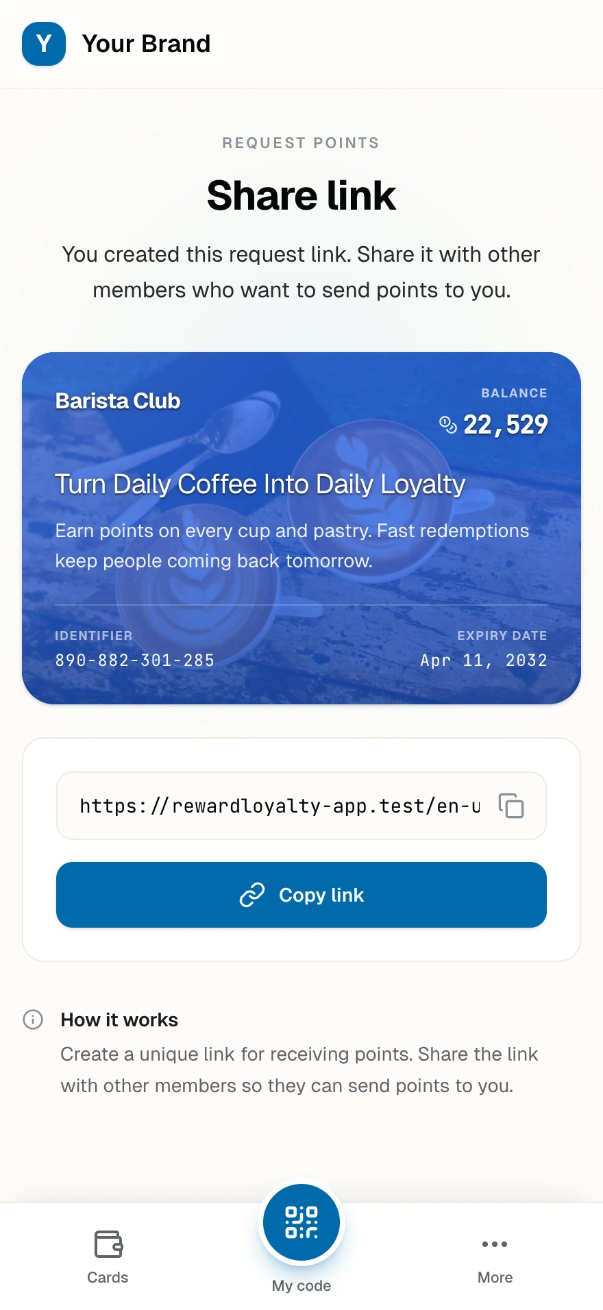 A created request link with its loyalty card, the shareable URL, and the Copy link button.