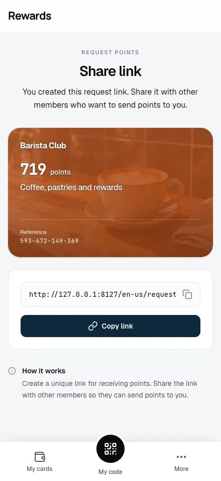 A created request link with its loyalty card, the shareable URL, and the Copy link button.