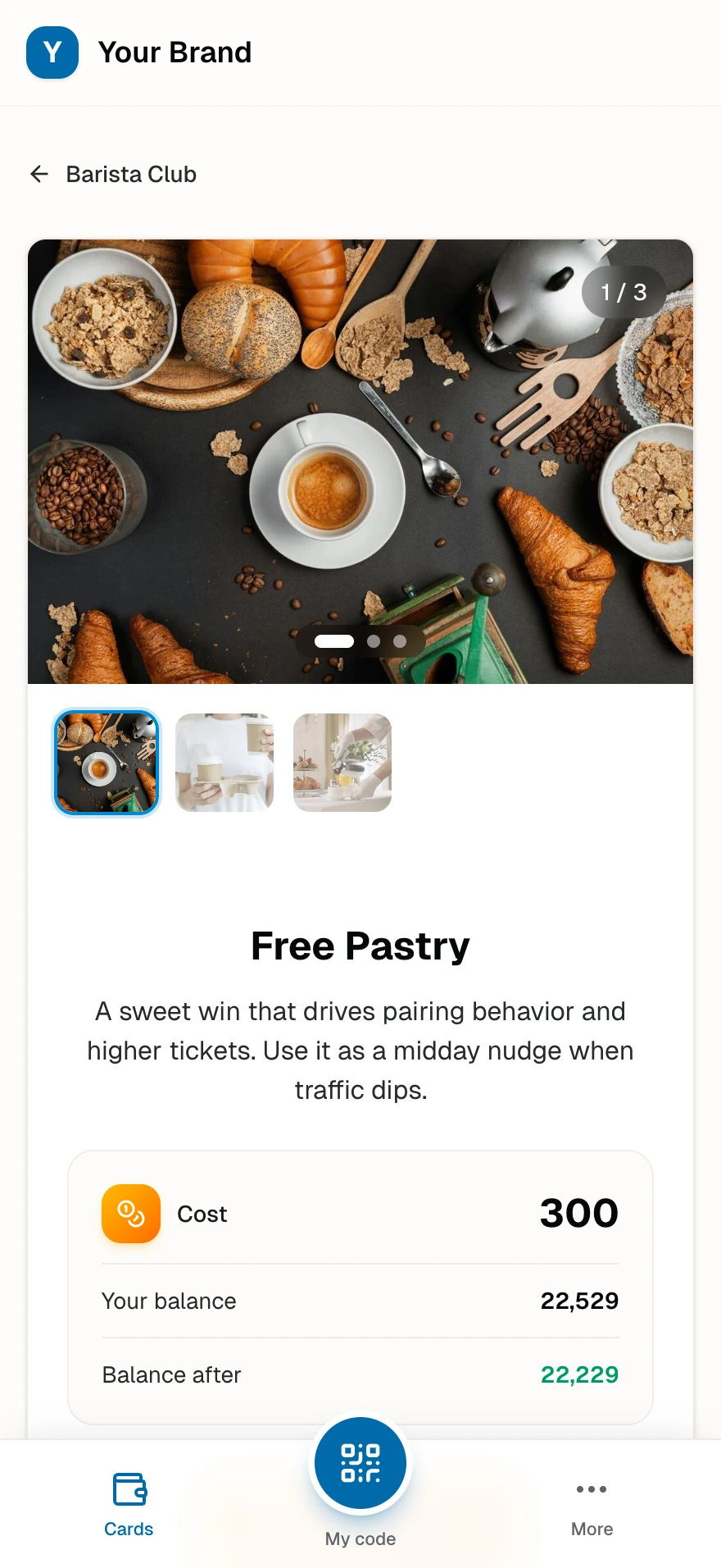 A reward page with its photo, point cost, the member's balance, the balance after claiming, and the Claim reward button.