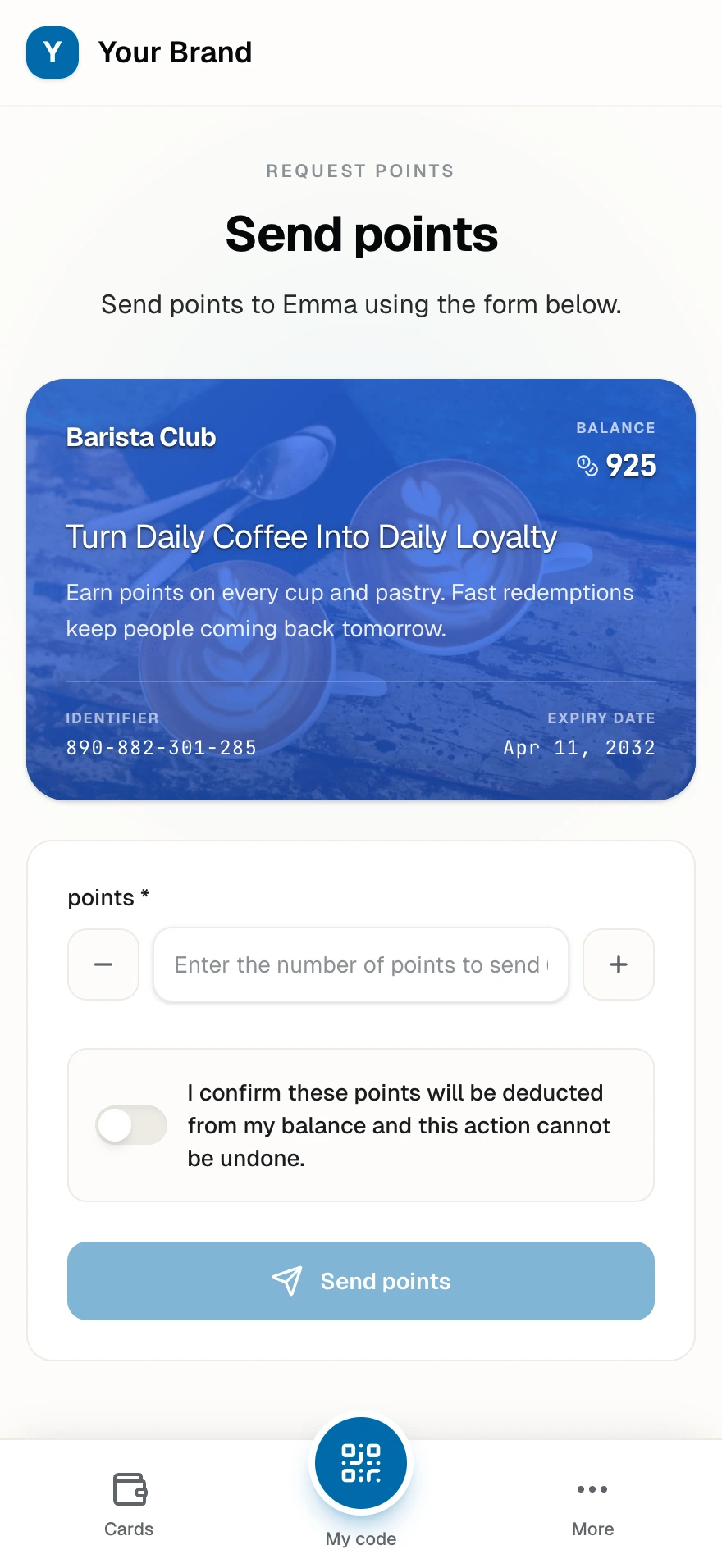 The sender's Send points form with their own card, its balance, the points field, and the deduction confirmation switch.