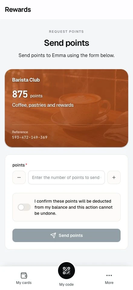 The sender's Send points form with their own card, its balance, the points field, and the deduction confirmation switch.