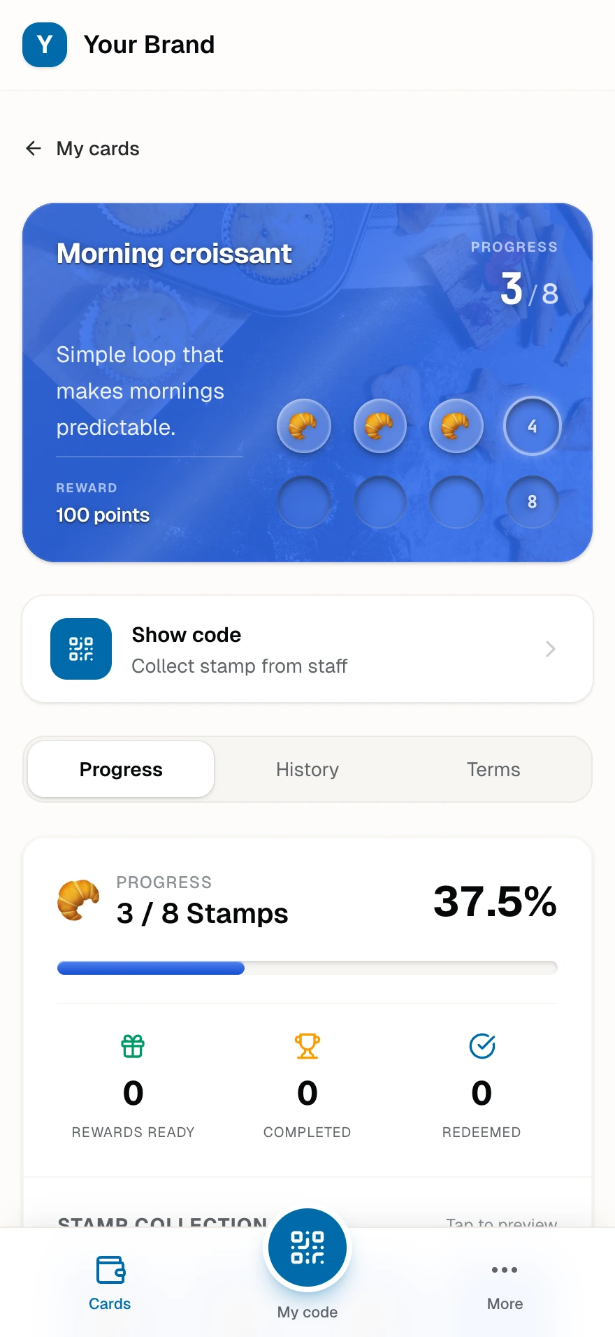 A stamp card with its filled stamp grid, progress count, reward panel, and the three counters for rewards ready, completed, and redeemed.