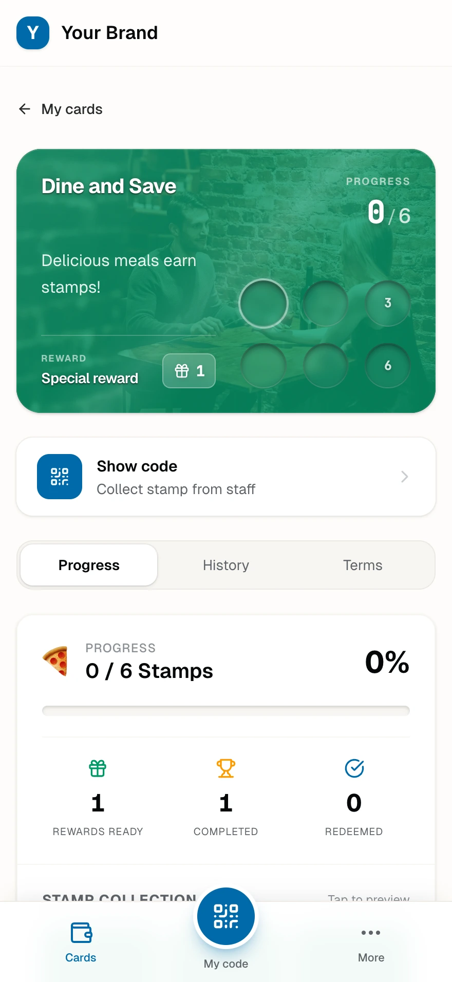 A completed stamp card with one reward ready: the counters show the completion and the reward panel says to ask staff.
