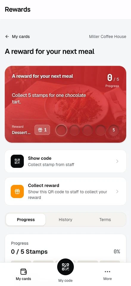 A completed stamp card with one reward ready: the counters show the completion and the reward panel says to ask staff.