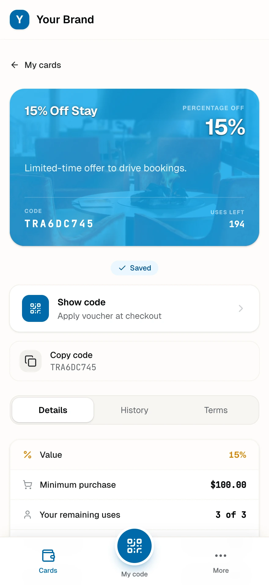 A voucher with its discount value, code, uses left, validity, and the QR code staff scan at the counter.