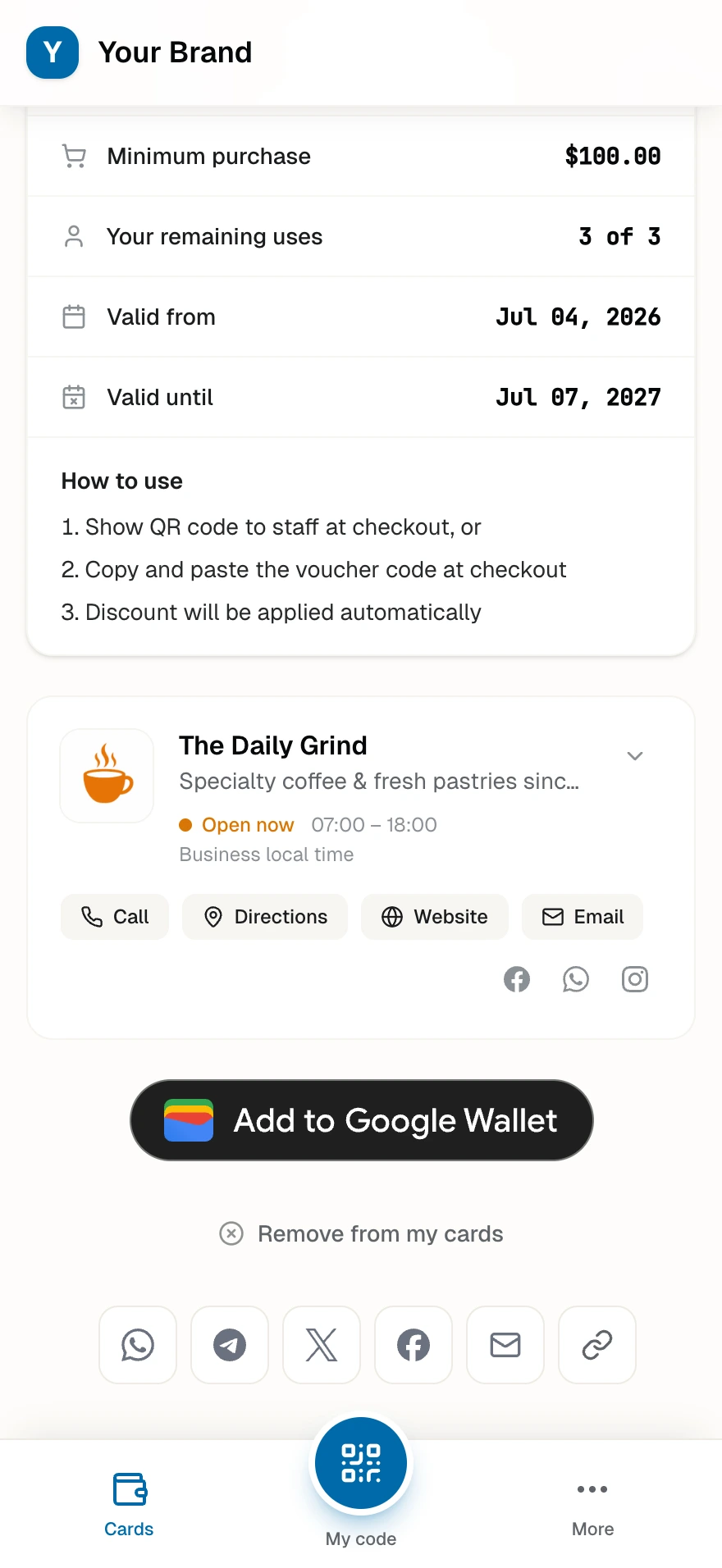 The voucher share options: WhatsApp, Telegram, X, Facebook, Email, and Copy link.