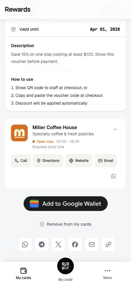 The voucher share options: WhatsApp, Telegram, X, Facebook, Email, and Copy link.
