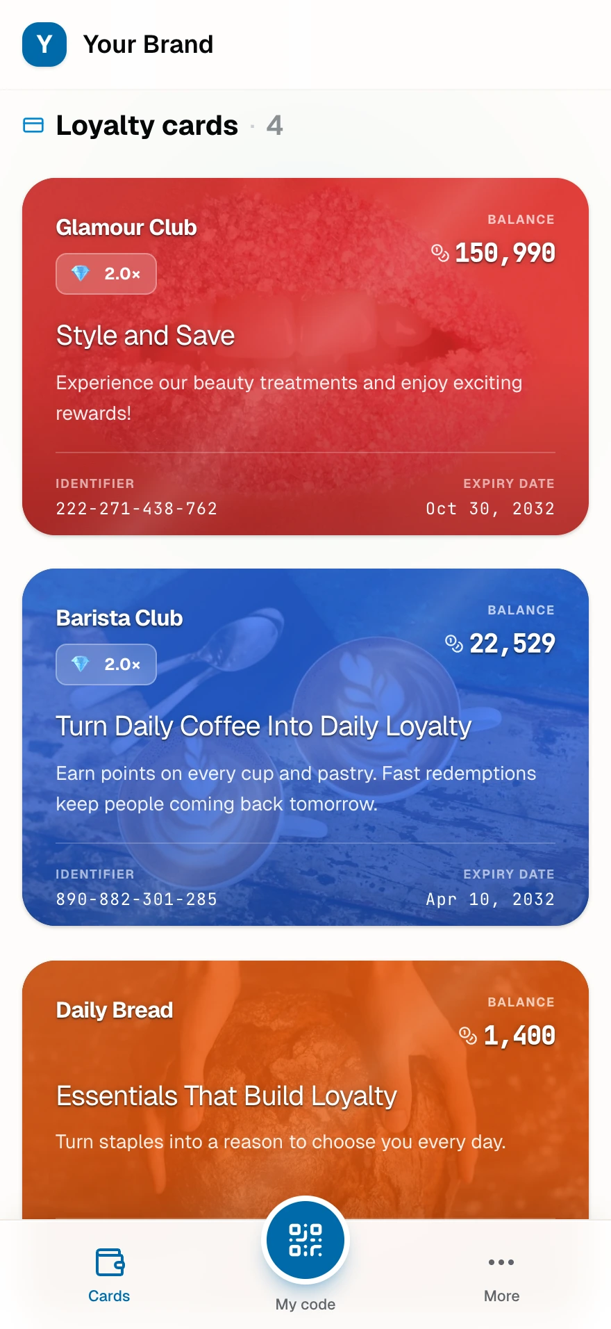The member wallet with cards from two businesses: loyalty cards with balances, a tier strip, stamp cards, a prepaid pass, and vouchers.