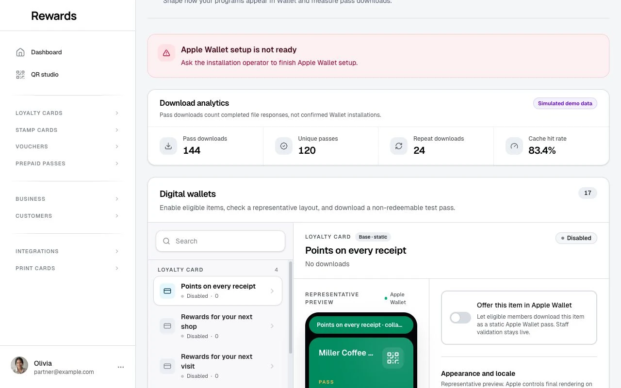 Apple Wallet program controls and a representative pass preview in the business dashboard.