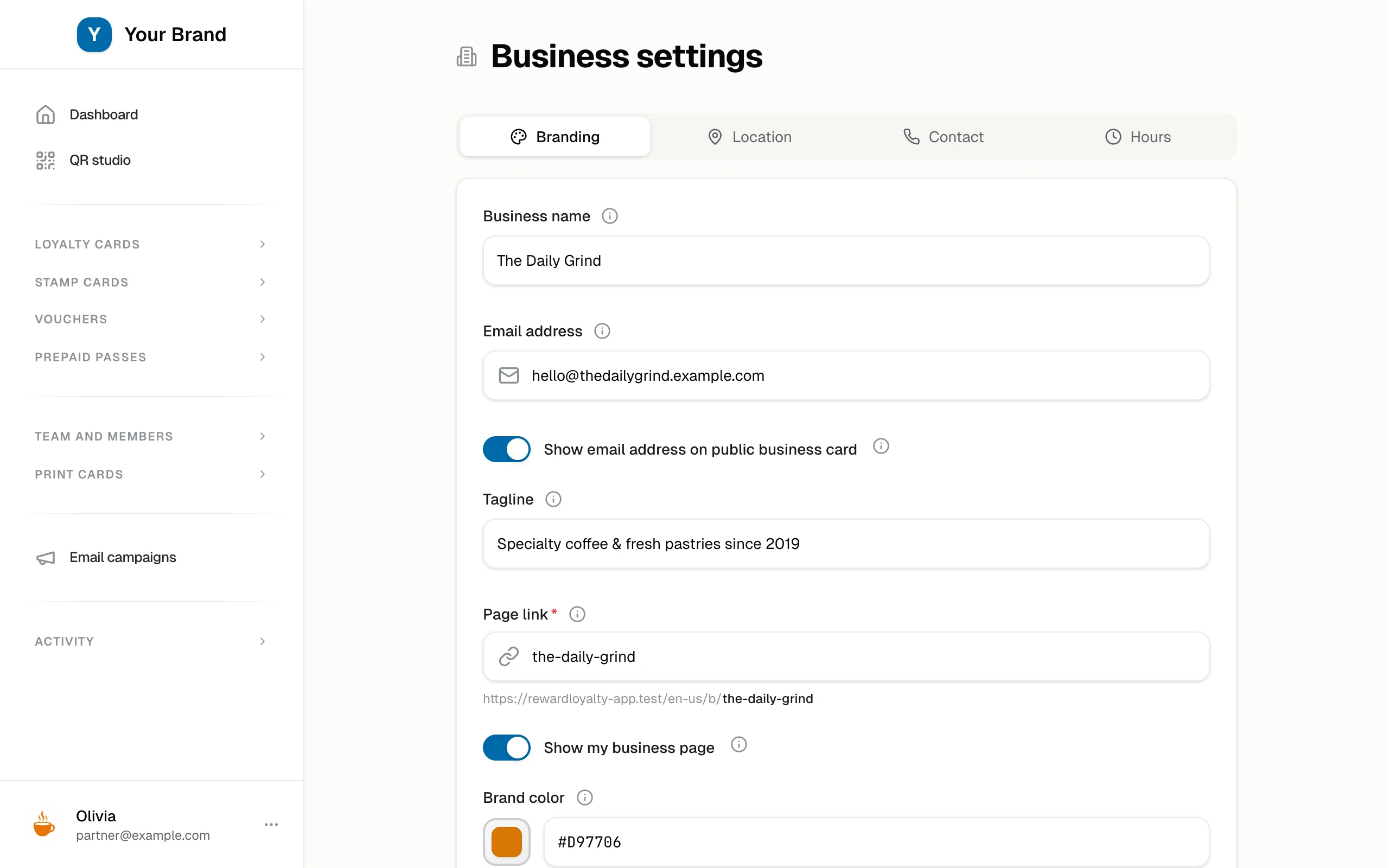 The Branding tab of Business settings with name, tagline, brand color, logo, cover image, and the public page link.