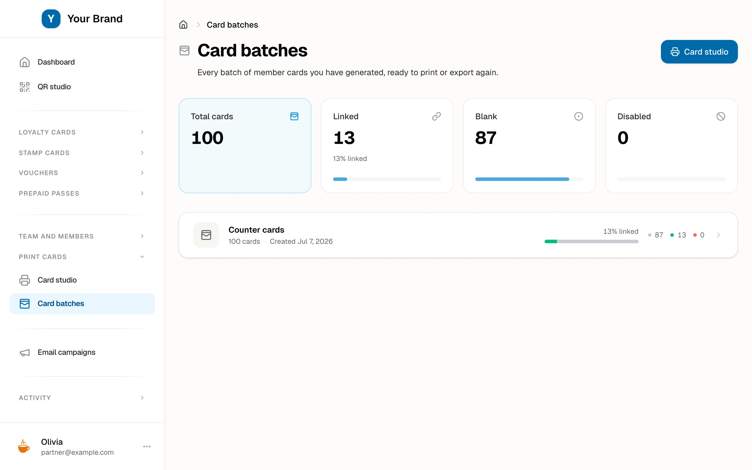 The Card batches page with a 100-card batch, its linked percentage, and the blank, linked, and disabled counts.