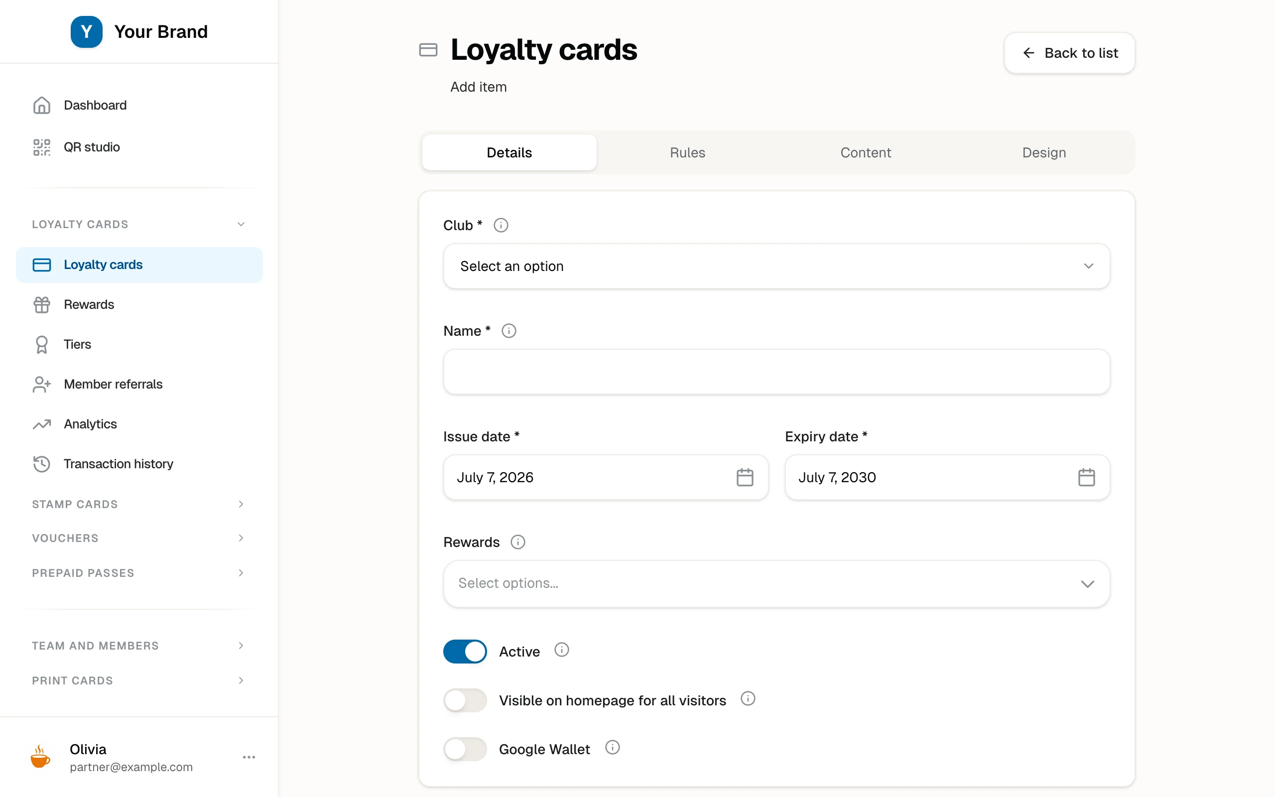 The loyalty card creation form with its Details, Rules, Content, and Design tabs.