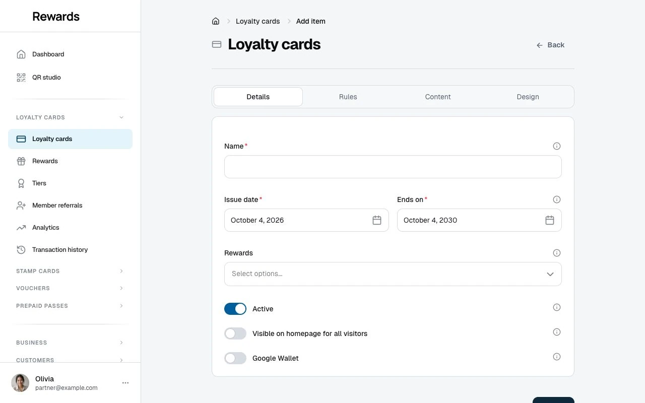 The loyalty card creation form with its Details, Rules, Content, and Design tabs.