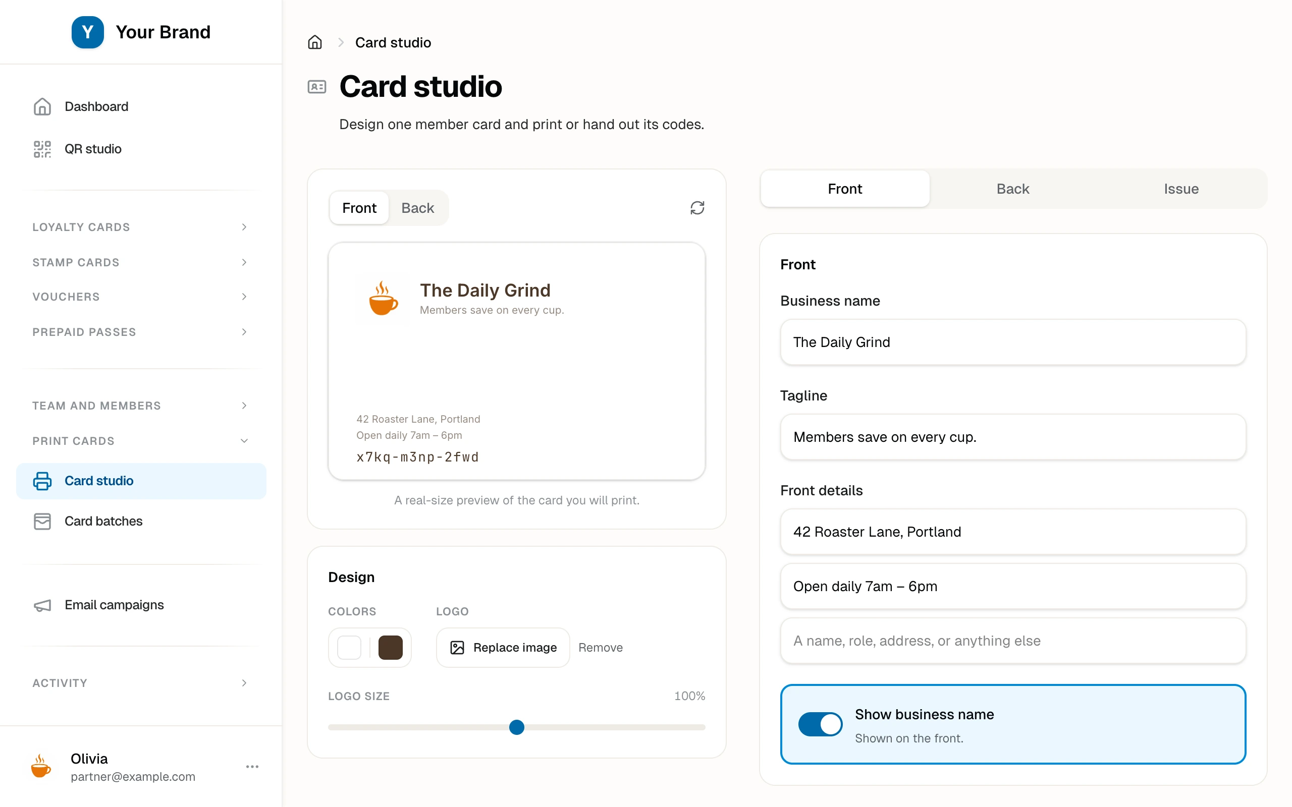 The Card studio with a branded card in the real-size preview beside the color, logo, and text controls.