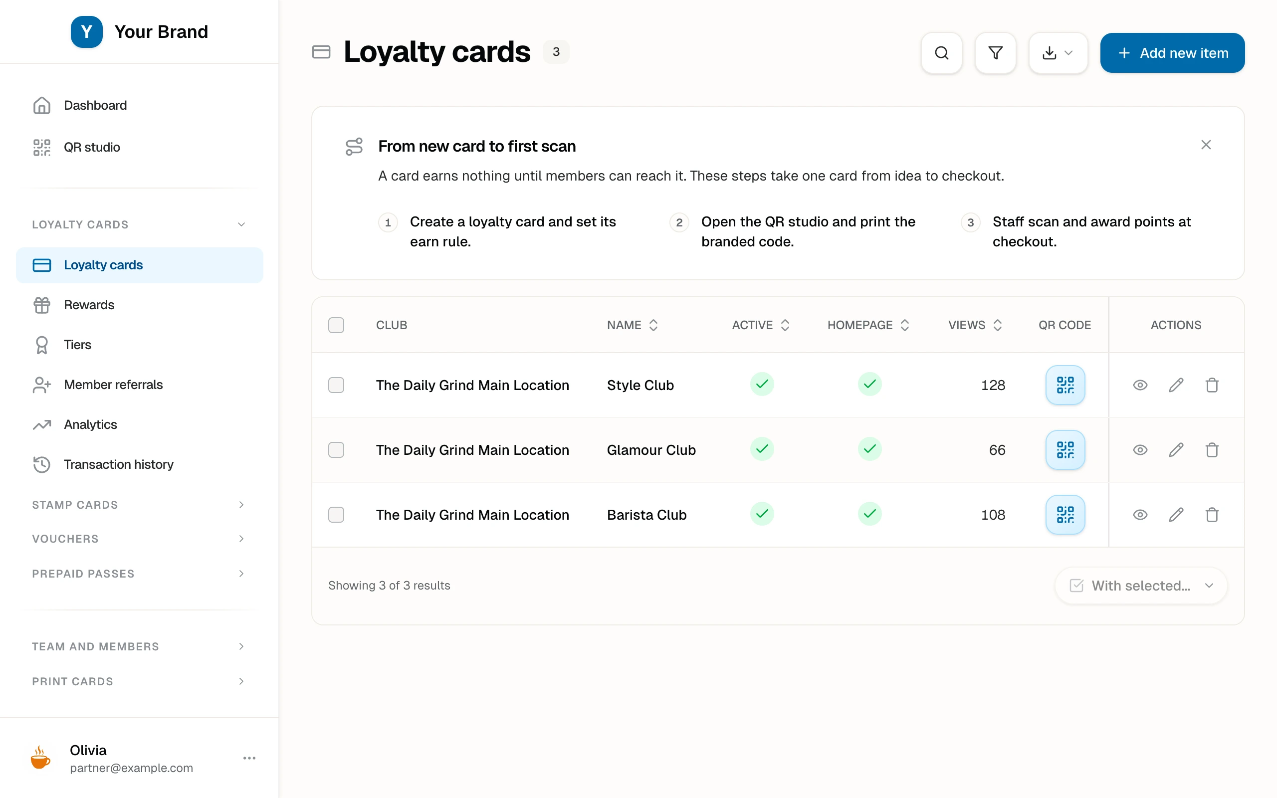 The loyalty cards list with view counts, per-card QR codes, and the from-new-card-to-first-scan launch guide.