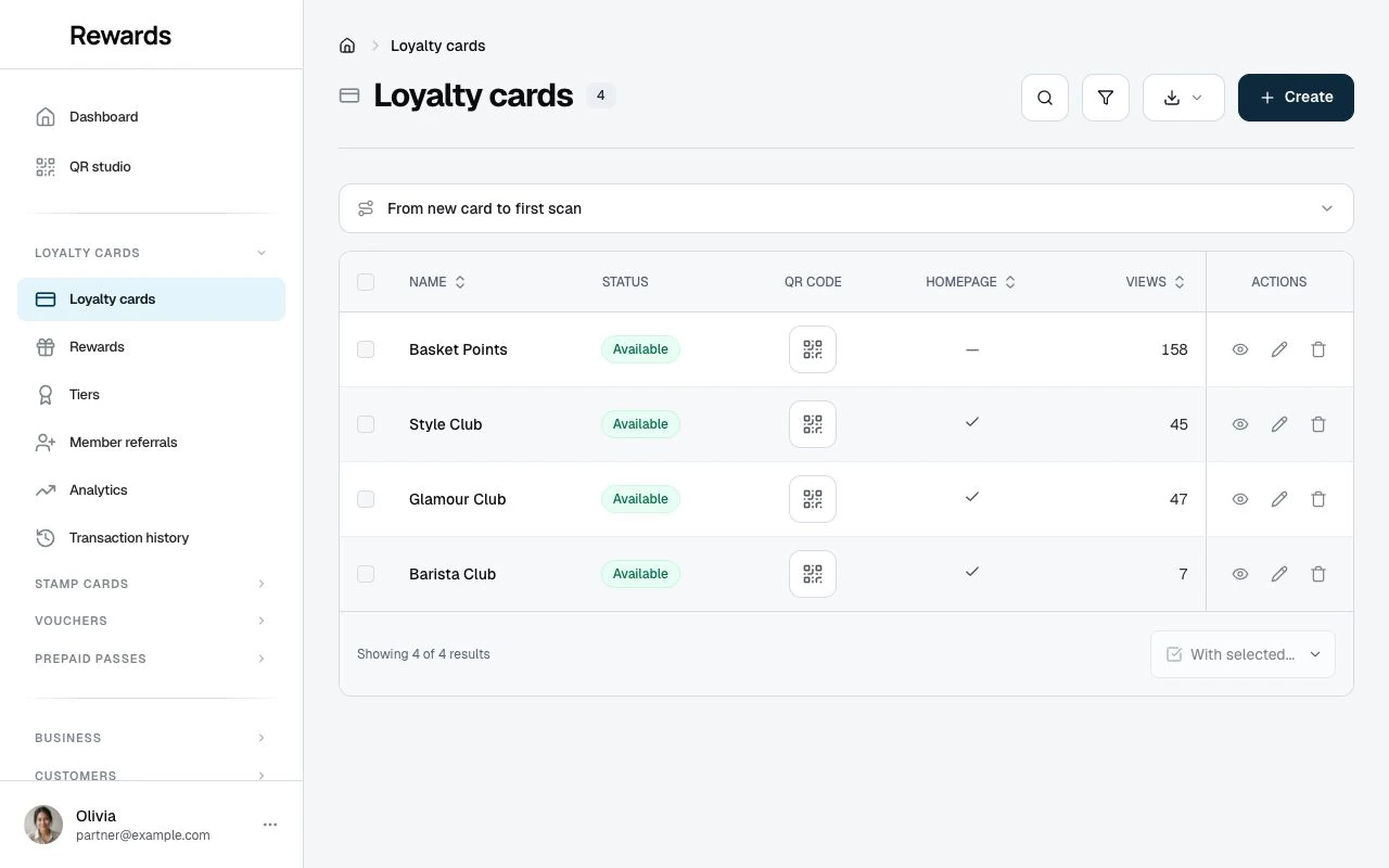 The loyalty cards list with view counts, per-card QR codes, and the from-new-card-to-first-scan launch guide.