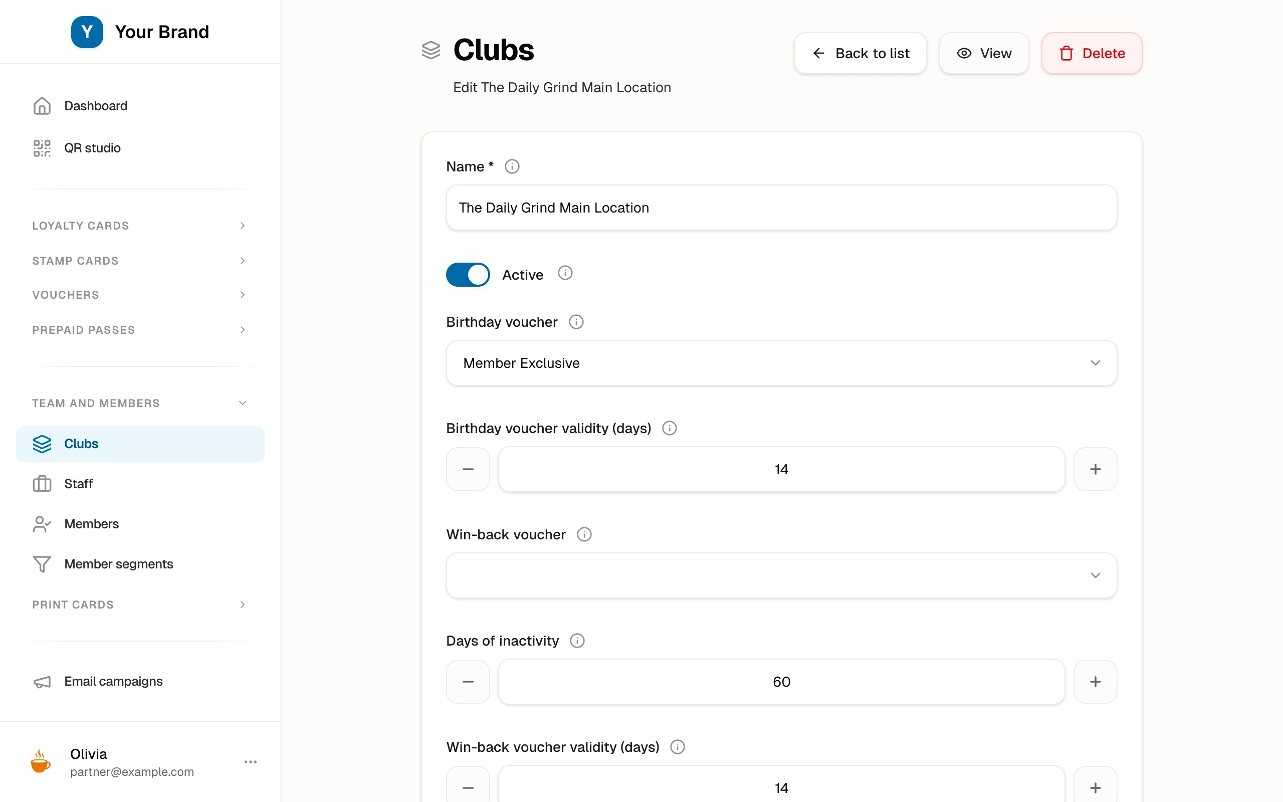 The club form with the birthday voucher and win-back voucher selects, inactivity days, and validity fields.