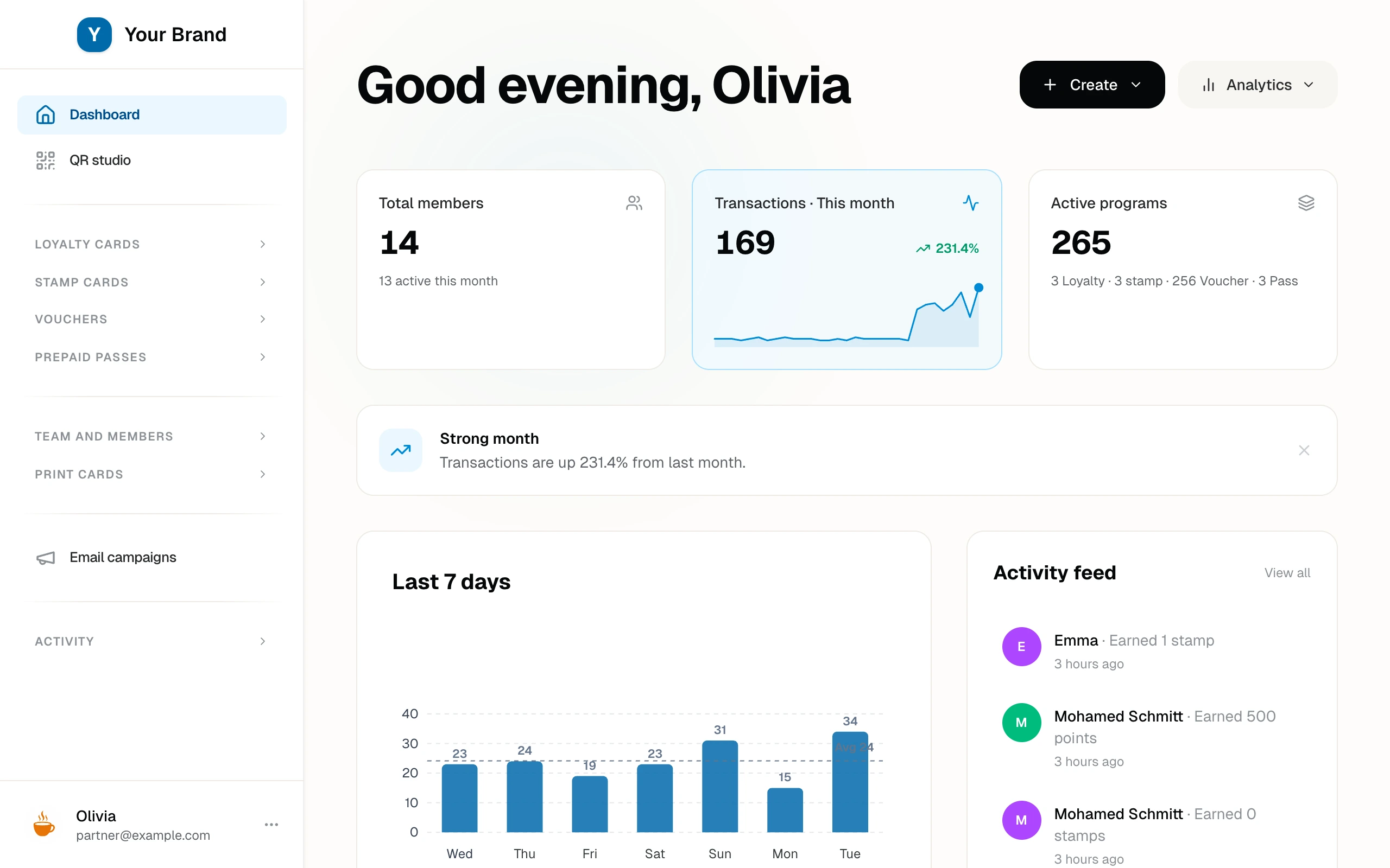 The partner dashboard with member and transaction tiles, a seven-day chart, an activity feed, top members, and plan usage bars.