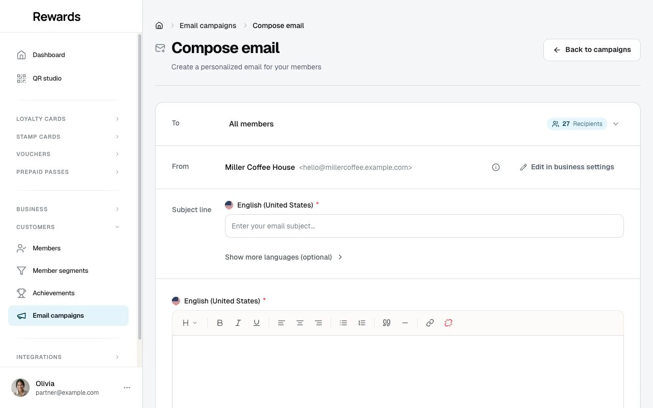 The Compose email screen with the audience picker, live recipient count, sender identity, and personalization tokens.