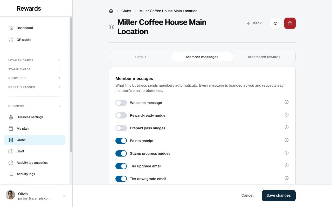 Welcome, reward-ready, pass, receipt, and tier message controls in a club.