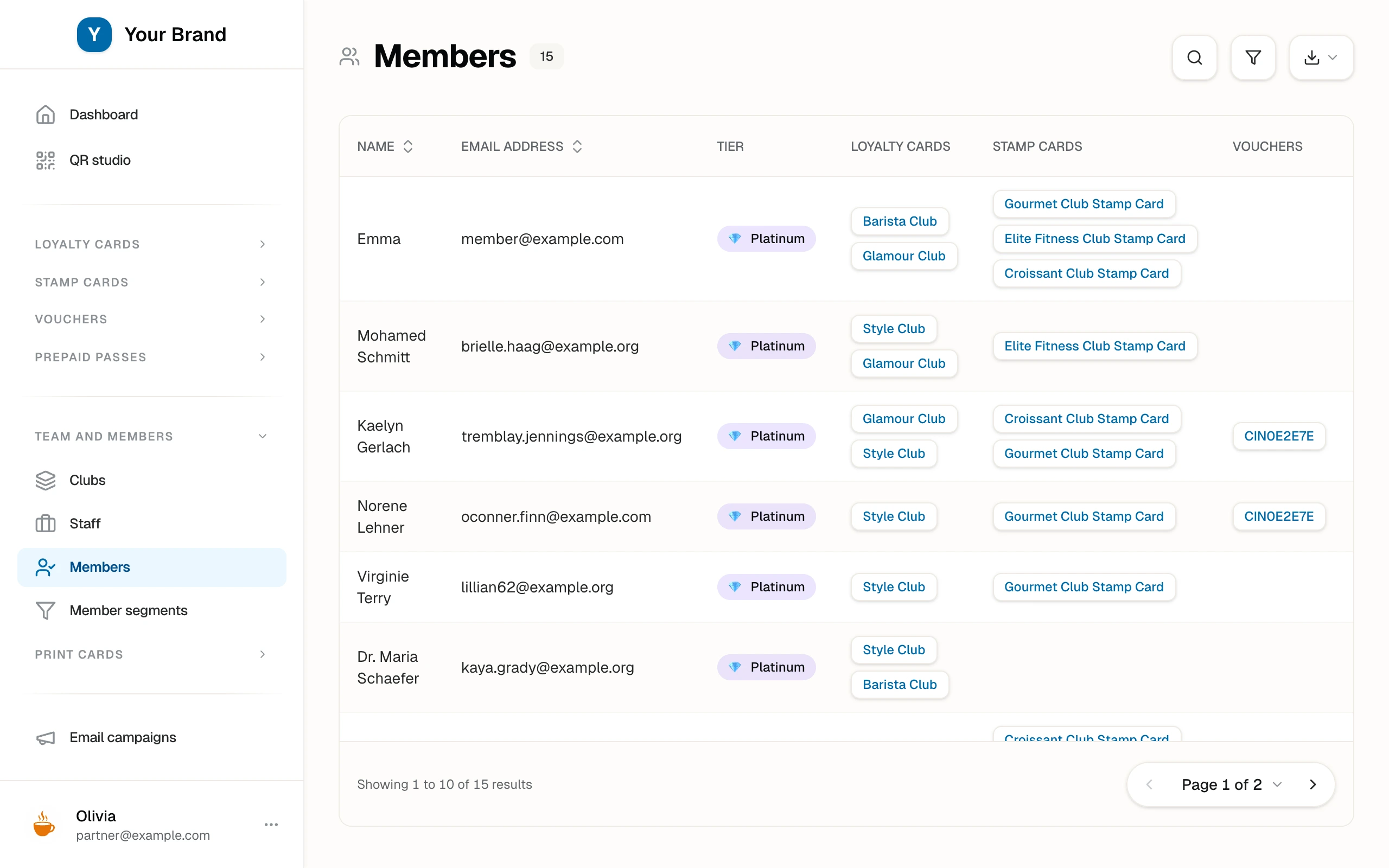 The Members list with tier chips and each member's loyalty cards, stamp cards, vouchers, and passes at a glance.