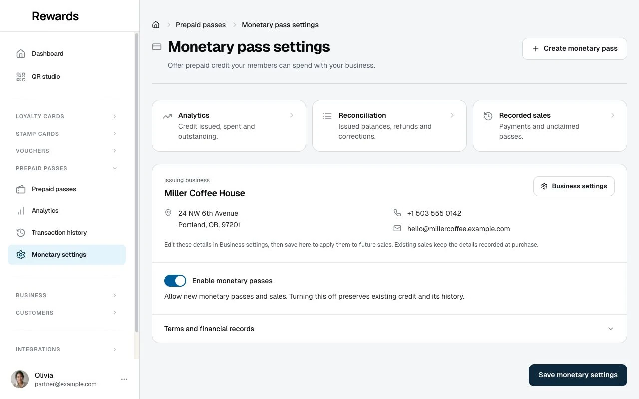 Monetary pass settings with issuing-business details, the sales switch, and links to analytics and reconciliation.