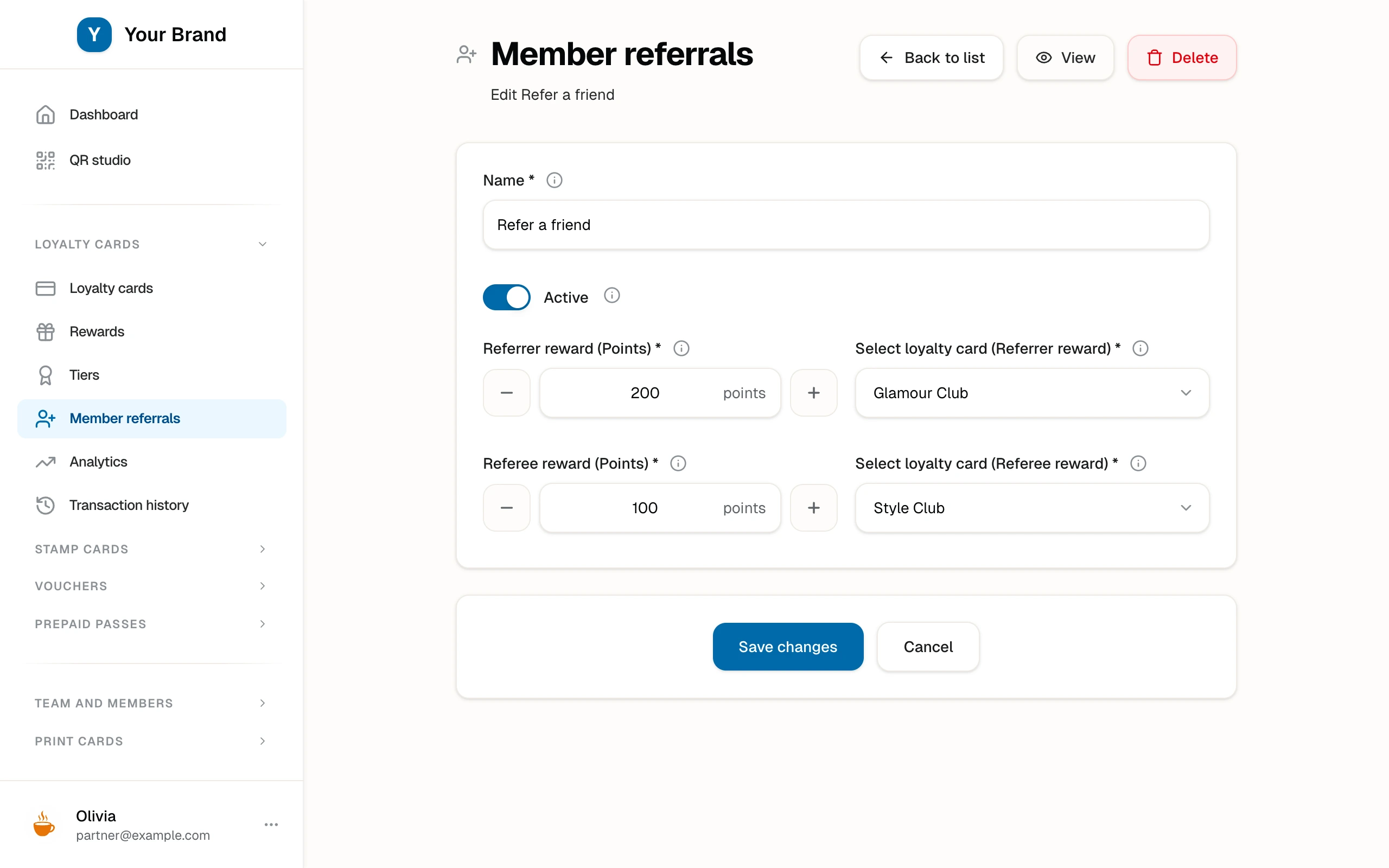 A referral campaign form with referrer and referee point rewards and their linked loyalty cards.