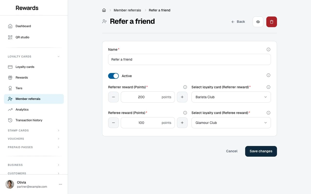 A referral campaign form with referrer and referee point rewards and their linked loyalty cards.