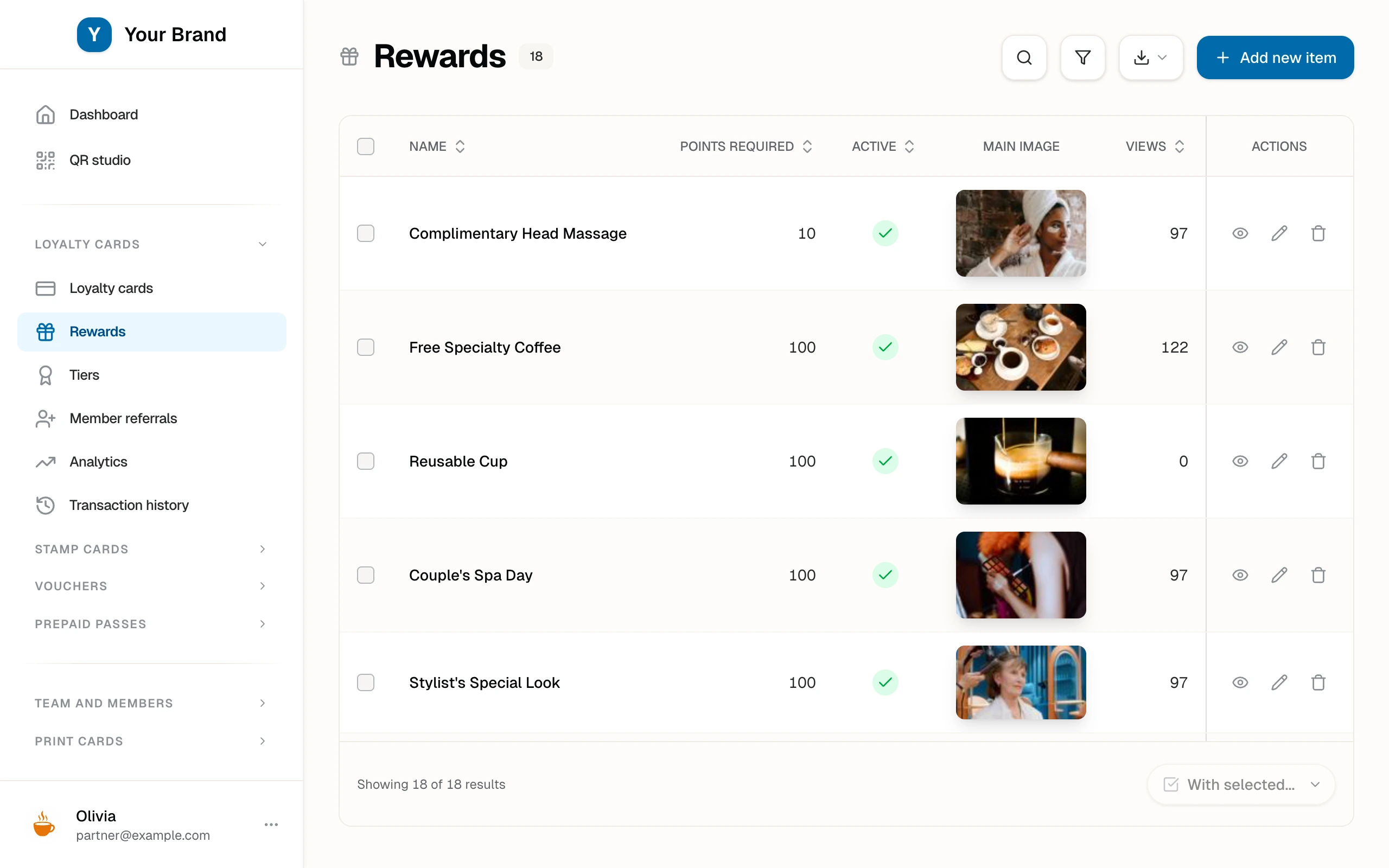 The Rewards list with eighteen rewards, their point costs, images, and view counts.