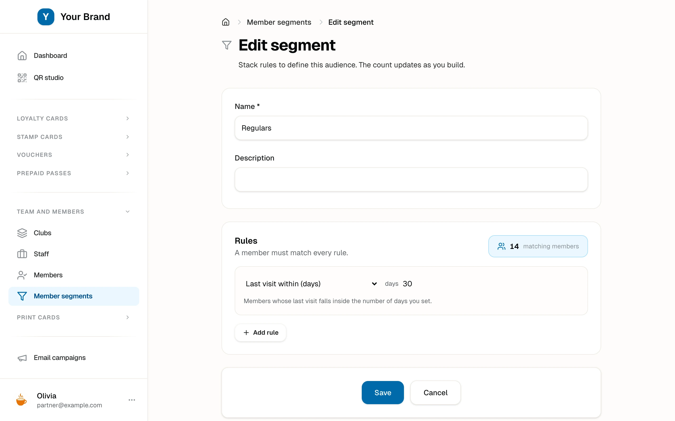The segment builder with stacked behaviour rules and the live matching-members count updating as rules change.