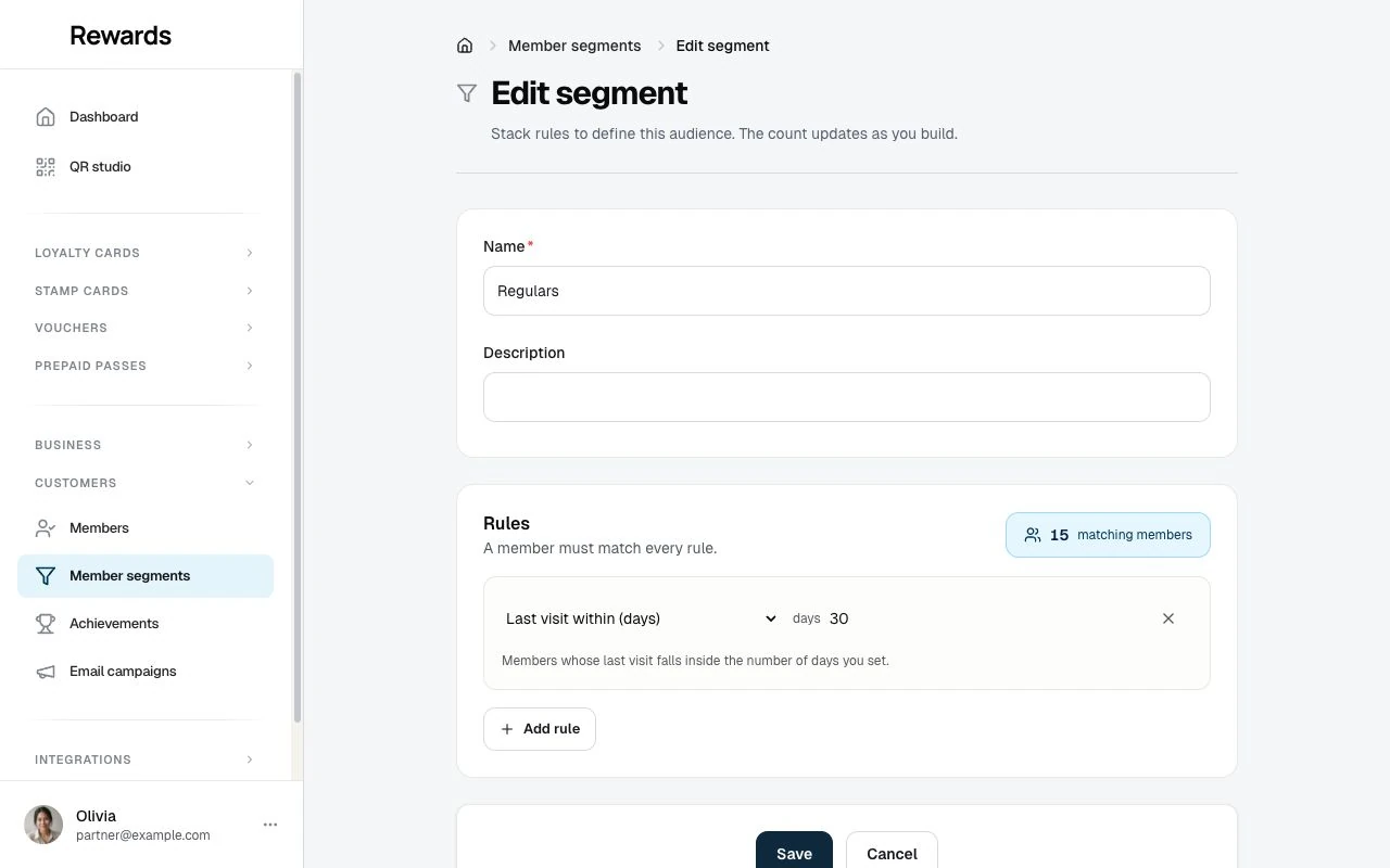 The segment builder with stacked behaviour rules and the live matching-members count updating as rules change.