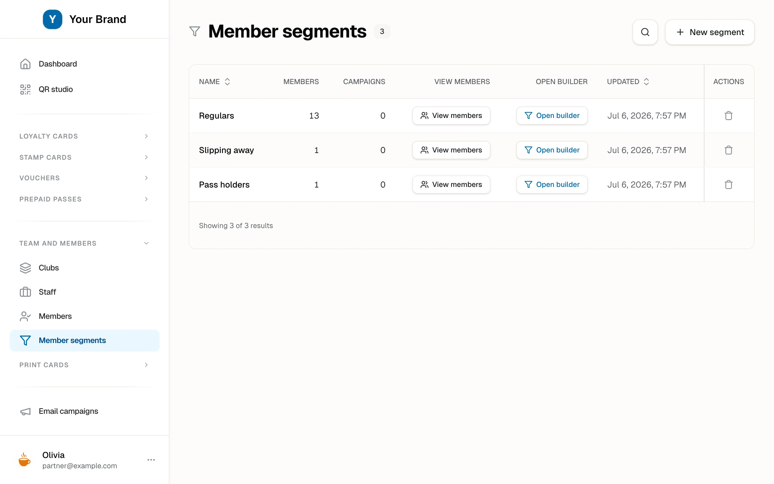 The Member segments list with saved audiences and their live member counts.