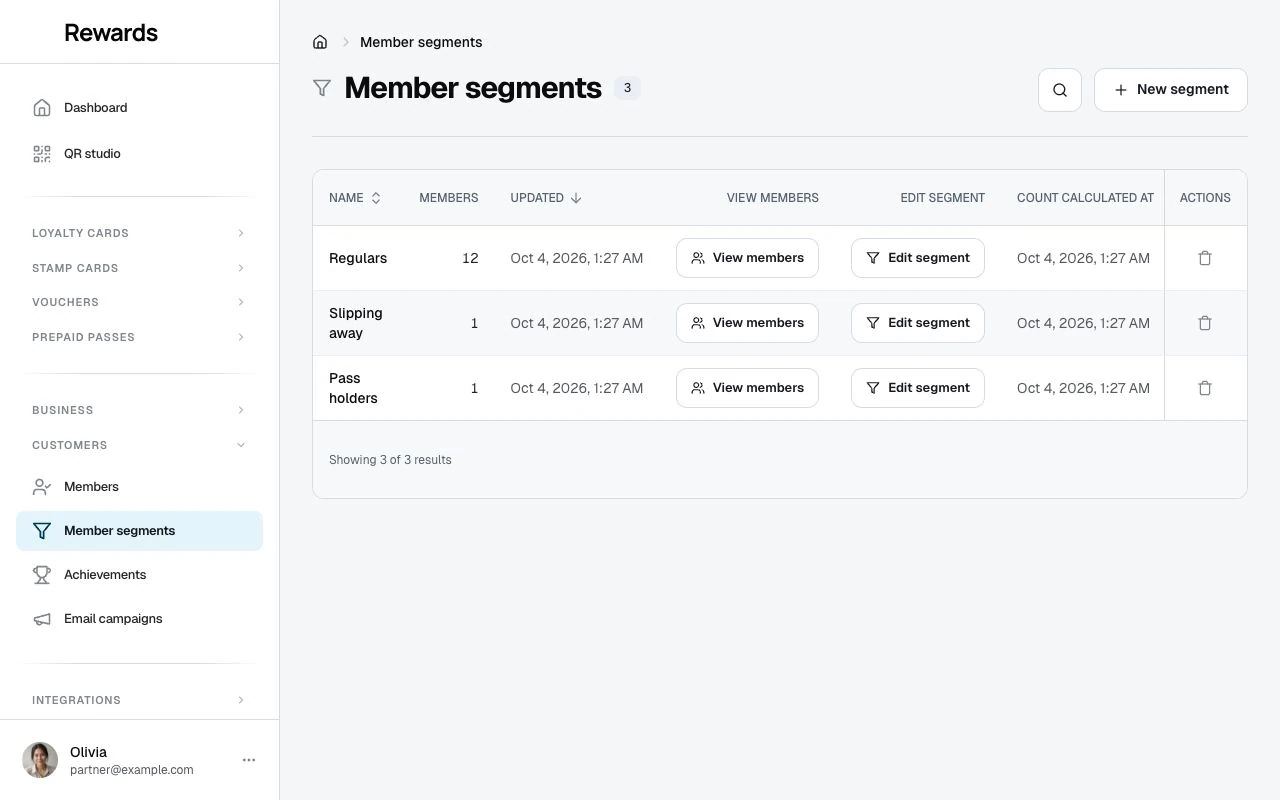 The Member segments list with saved audiences and their saved member counts.