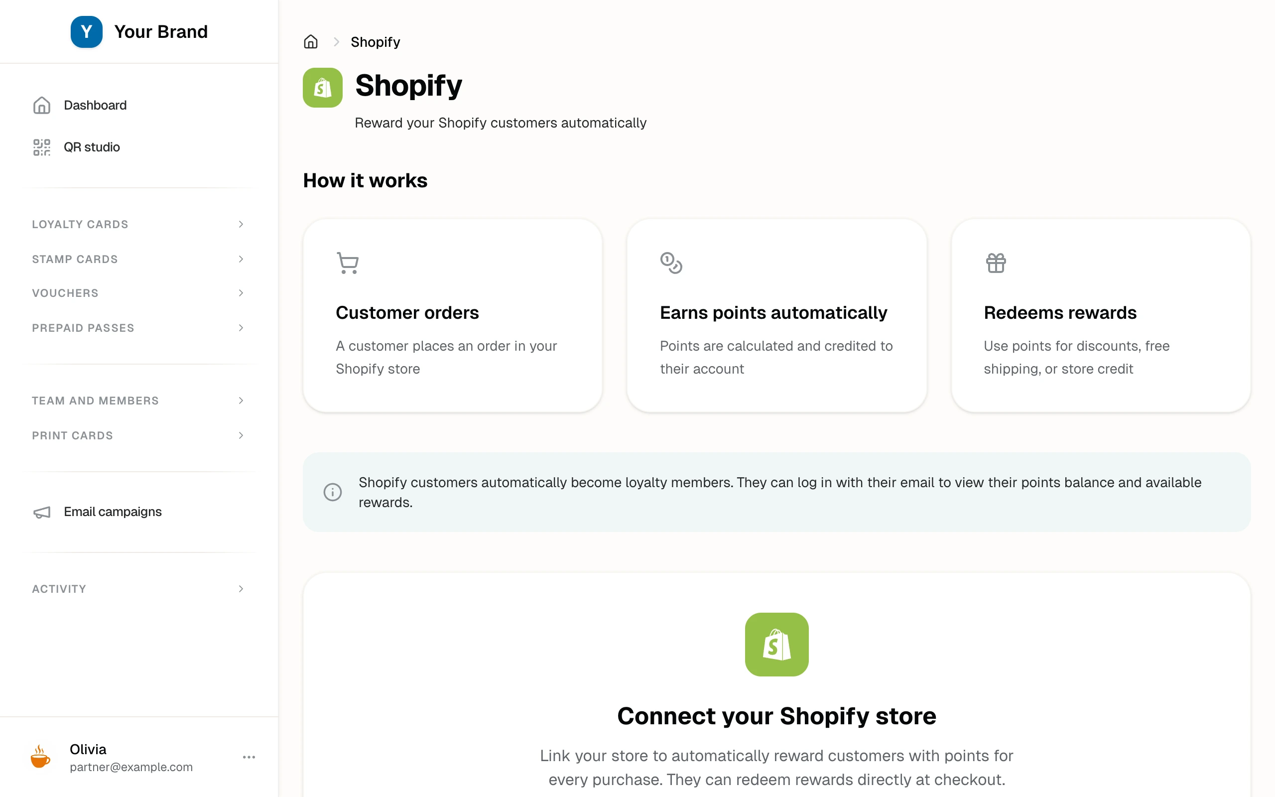 The Shopify connect page with the how-it-works cards, the loyalty card selector, and the store URL field.