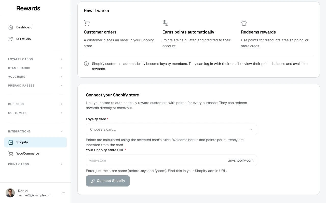 The Shopify connection form with the loyalty card selector, Shopify Store URL field, and Connect Store button.