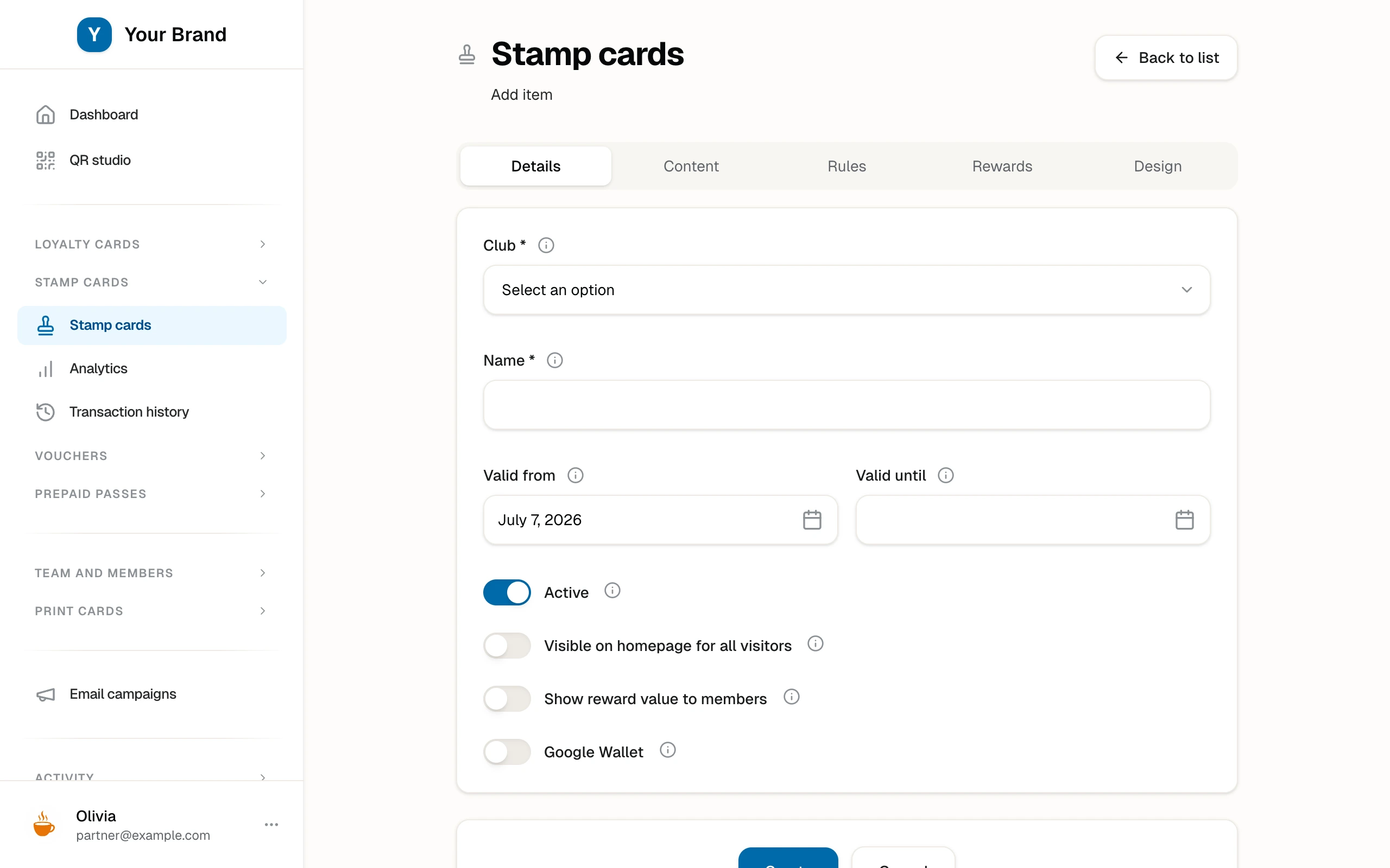 The stamp card creation form open on its first tab with the club and program fields.