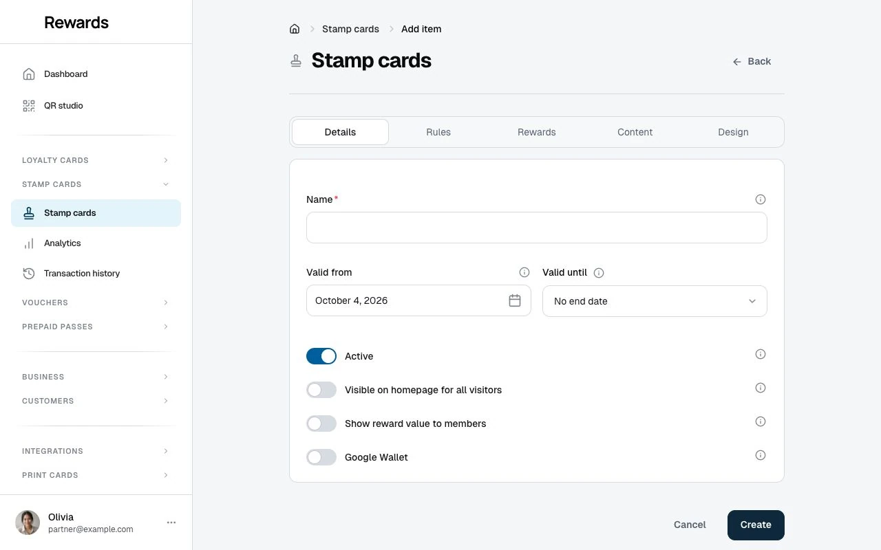 The stamp card creation form open on its first tab with the club and program fields.