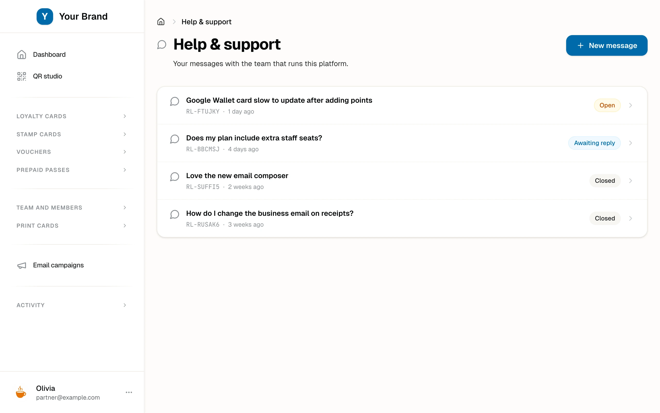 The Help & support inbox with threads in open, awaiting reply, and closed states.