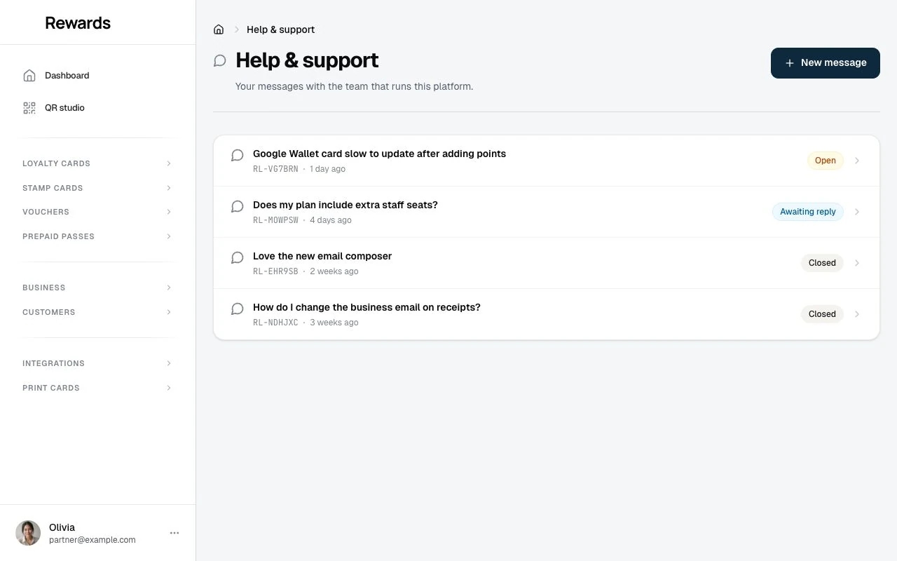 The Help & support inbox with threads in open, awaiting reply, and closed states.