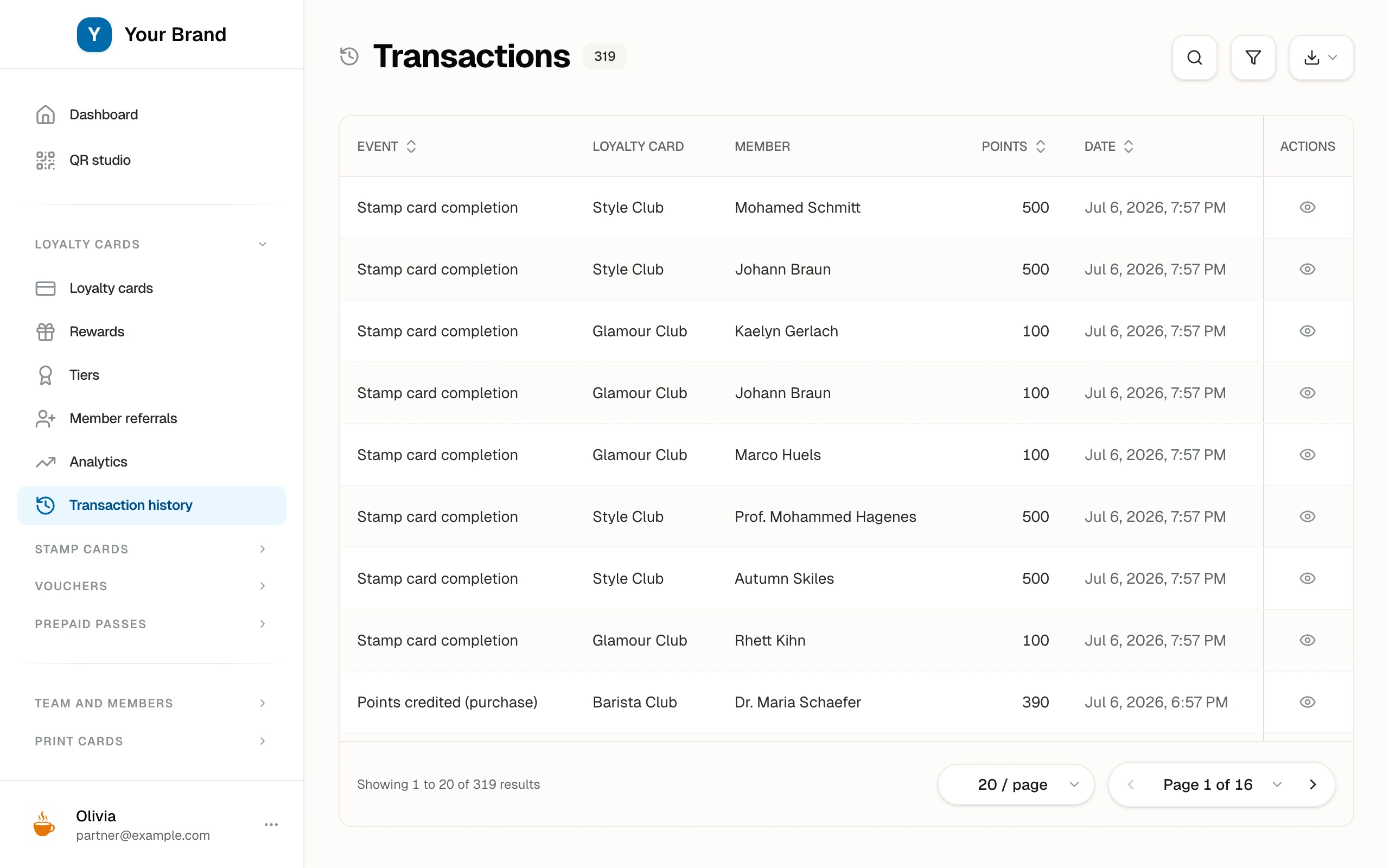 The transaction history with hundreds of ledger rows and the Filters and Export controls for CSV, TSV, and JSON.
